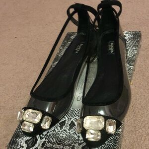 Beautiful Elegant Clear Transparent Ankle strap Gemstone Cap Toe luxury Flats